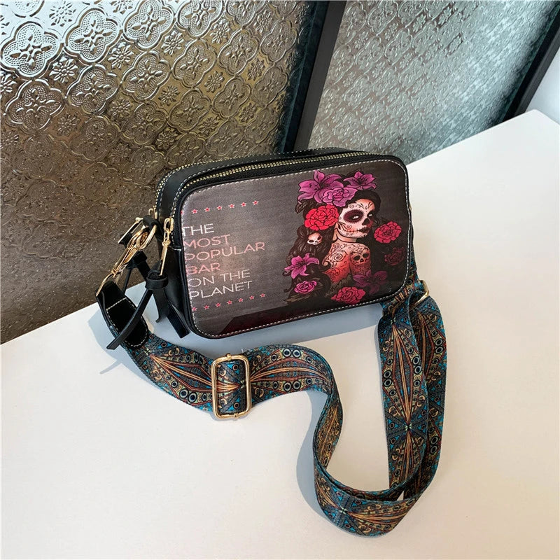 Skull Jack Print Crossbody Bag Wind Lady Shoulder Bag Casual Fashion Phone Purse Mini Bag Female PU Leather Satchel Handbag