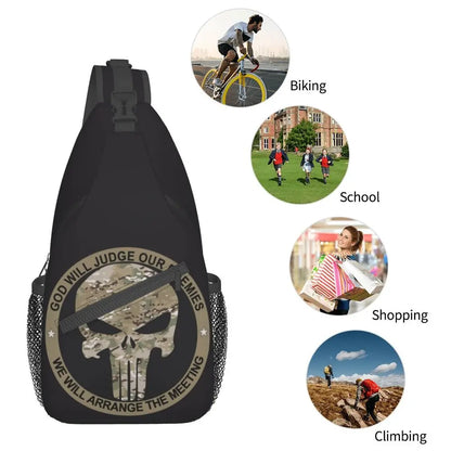 Vintage Skeleton Punishers Skull Crossbody Sling Backpack Men Custom Chest Shoulder Bag for Cycling Camping Daypack