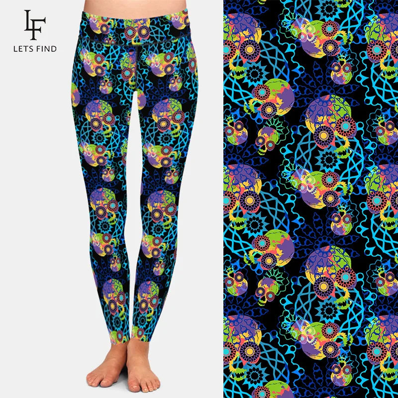 LETSFIND High Quaility 3D Skulls and Mandala Digital Printing Women Leggings Fashion High Waist Slim Fitness Legging