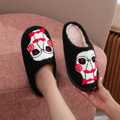 Horror Movie Chainsaw Horror Skull Pattern fashion Embroidery stuffed Home Thick Sole plaid Furry Cotton Slippers Personality Warm Non-Slip Indoor Slippers Men Women Can Wear Halloween Christmas Gift