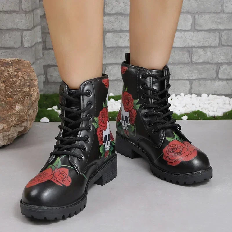 Women's Printed Short Boots Autumn/Winter New Fashion Skull Head Printed Comfortable Casual Shoes Luxury Travel Durable