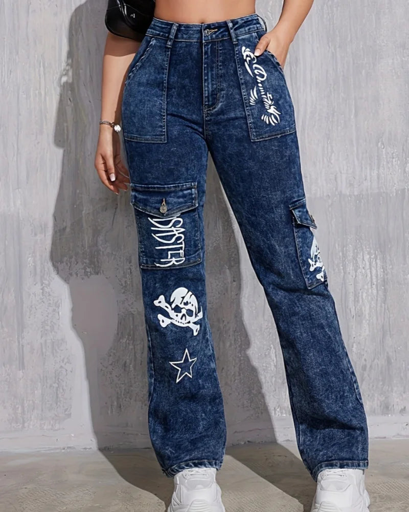 Retro Streetwear Y2K Jeans Harajuku Gothic Hip Hop Skull Watermark Baggy Trousers Casual Loose Straight Wide-leg Pants