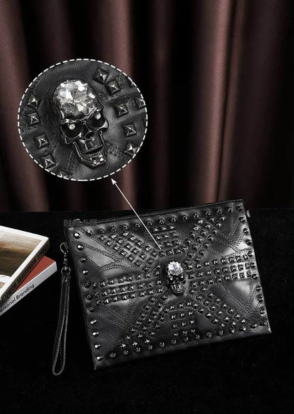 Fashion Rivet Skull Clutch for Men Luxury Brand Design Men's Clutches Envelope Hand Bag Wrist Bag IPad Handbags Purse Handbags