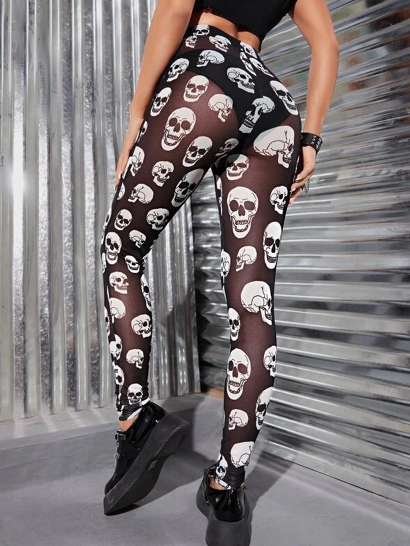 Summer Thin Mesh Breathable Nine Point Pants With Elastic Skull Leggings Fashion Skull Printed Mesh Nine Point Pants Women