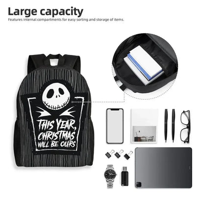 Custom Nightmare Before Christmas Backpacks for Men Women School College Student Bookbag Skellington Halloween Skull Bags