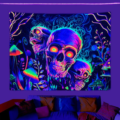 Skeleton flower fluorescent tapestry, UV tapestry, plant mushroom tapestry, bedroom aesthetic decoration wall hanging