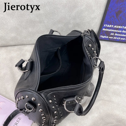 JIEROTYX Trendy Metal Skull Studded Black Handbags Gothic Rivet Womens Purse Satchel Handbag Shoulder Bags Large Capacity