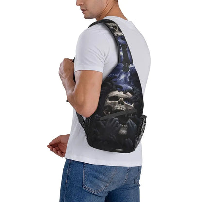 Gothic Skeleton Death Skull Sling Chest Bag Custom Crossbody Shoulder Backpack for Men Cycling Camping Daypack