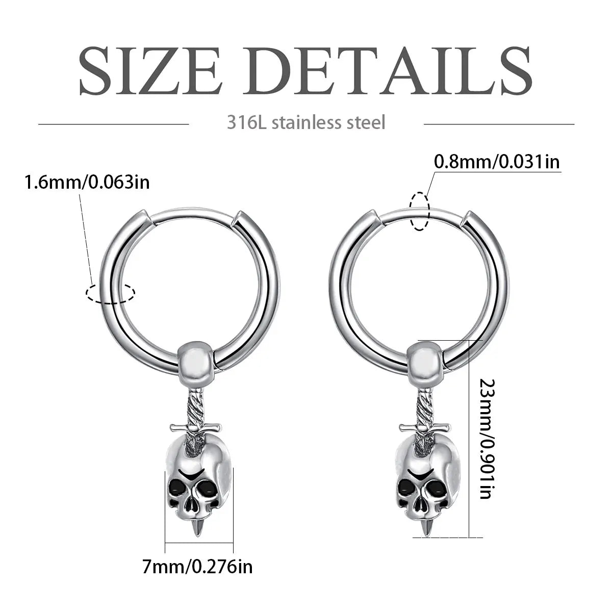 1 pair of punk Gothic skull sword hoop earrings for men