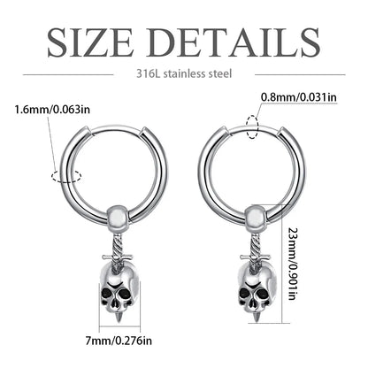 1 pair of punk Gothic skull sword hoop earrings for men