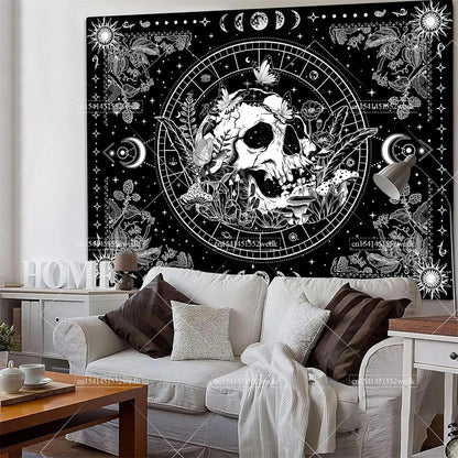 Black and White Skeleton Tapestry Skull Mushroom Tapestry Wall Hanging Aesthetic Plants Floral Flowers Tapestries For Bedroom