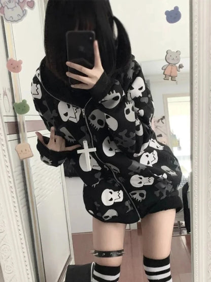 AltGoth Cyberpunk Y2k Sweatshirt Women Mall Goth Harajuku Skull Printed Long Sleeve Zipper Cardigan Hoodie Emo Alt Indie Clothes