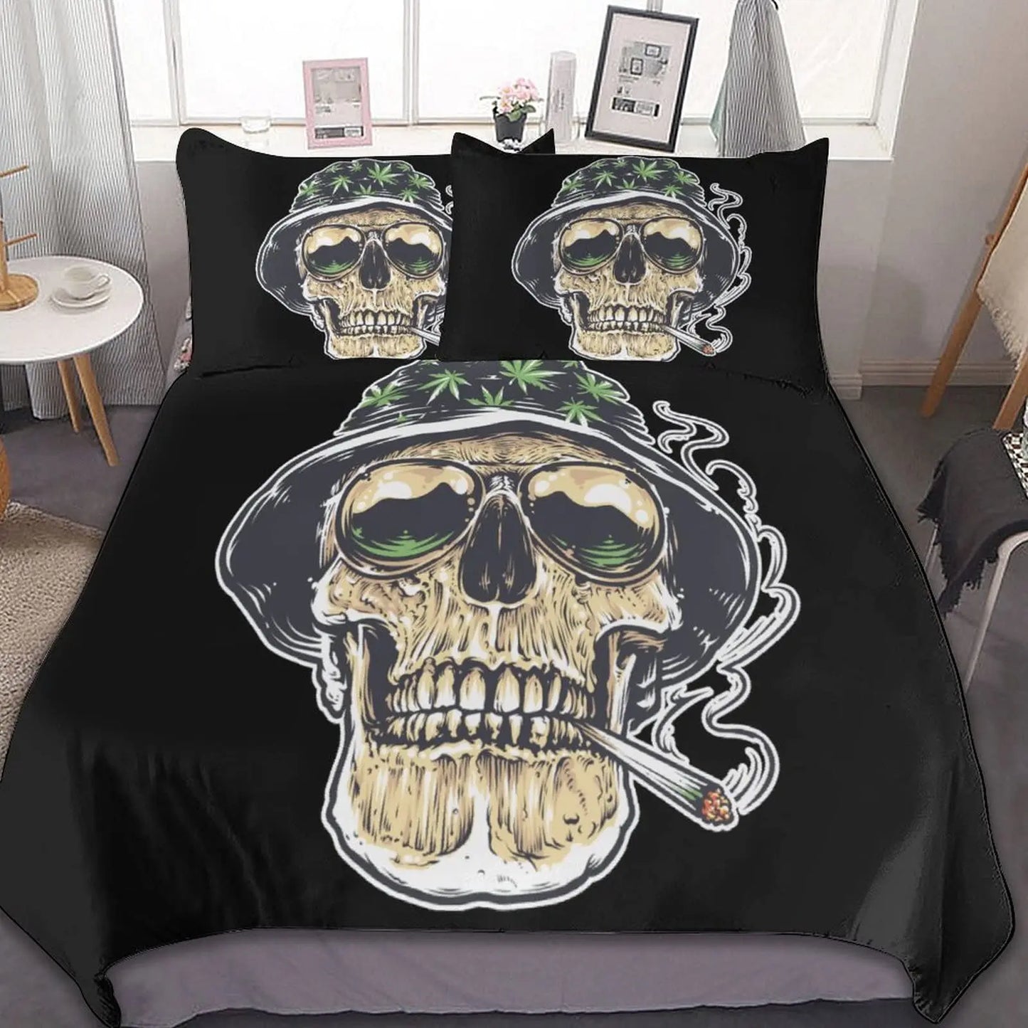 Art Skull Bedding Set Dark Color Gothic King Size Duvet Cover Skeleton Quilt Cover with Pillowcase for Kids Adult Halloween Gift