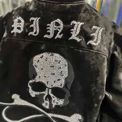 Black Metal Skull Rhinestones PU Leather Jacket Men High Street Streetwear Mens Jackets and Coats Chaqueta