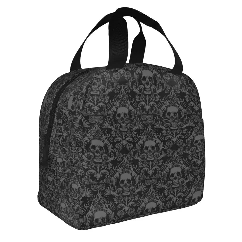 Vintage Halloween Gothic Black Skull Damask Lunch Bag Portable Thermal Cooler Insulated Bento Box For Women Kids Food Tote Bags