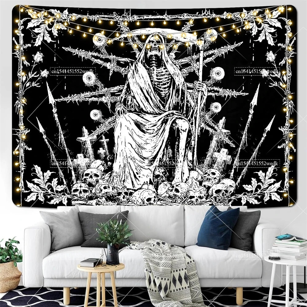 Moth Skull Tapestry Black Goth Tapestries Horror Skeleton HippieTapestry Wall Hanging Room Decor Aesthetic Party Backdrops