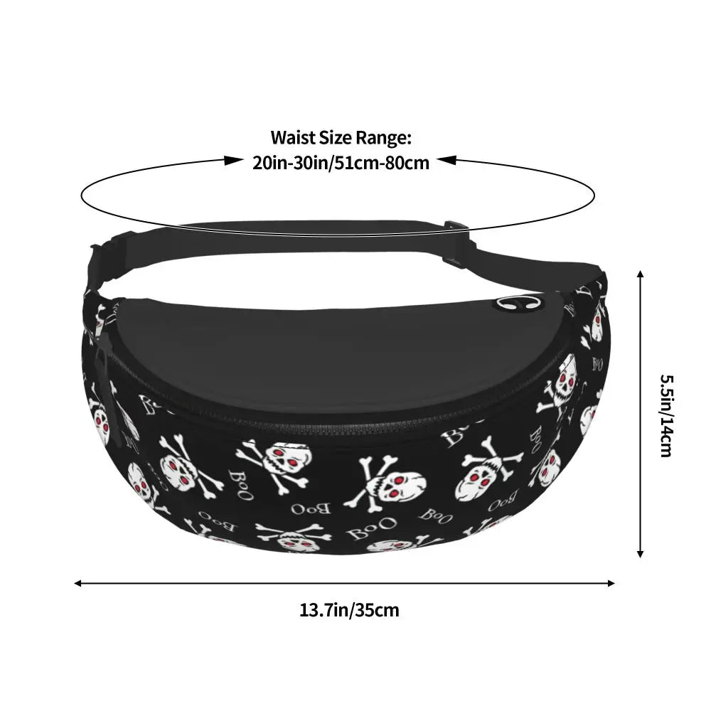 Gothic Skull Flower Fanny Pack Women Men Custom Goth Halloween Crossbody Waist Bag for Cycling Camping Phone Money Pouch