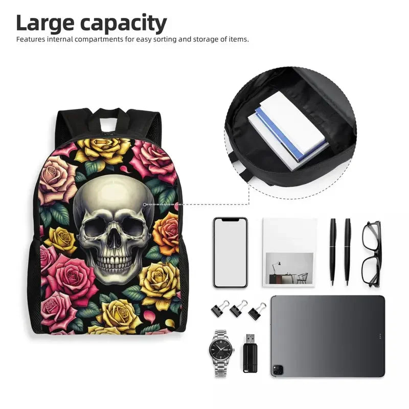 Personalized Skull Rose Backpacks Men Women Basic Bookbag for School College Bags