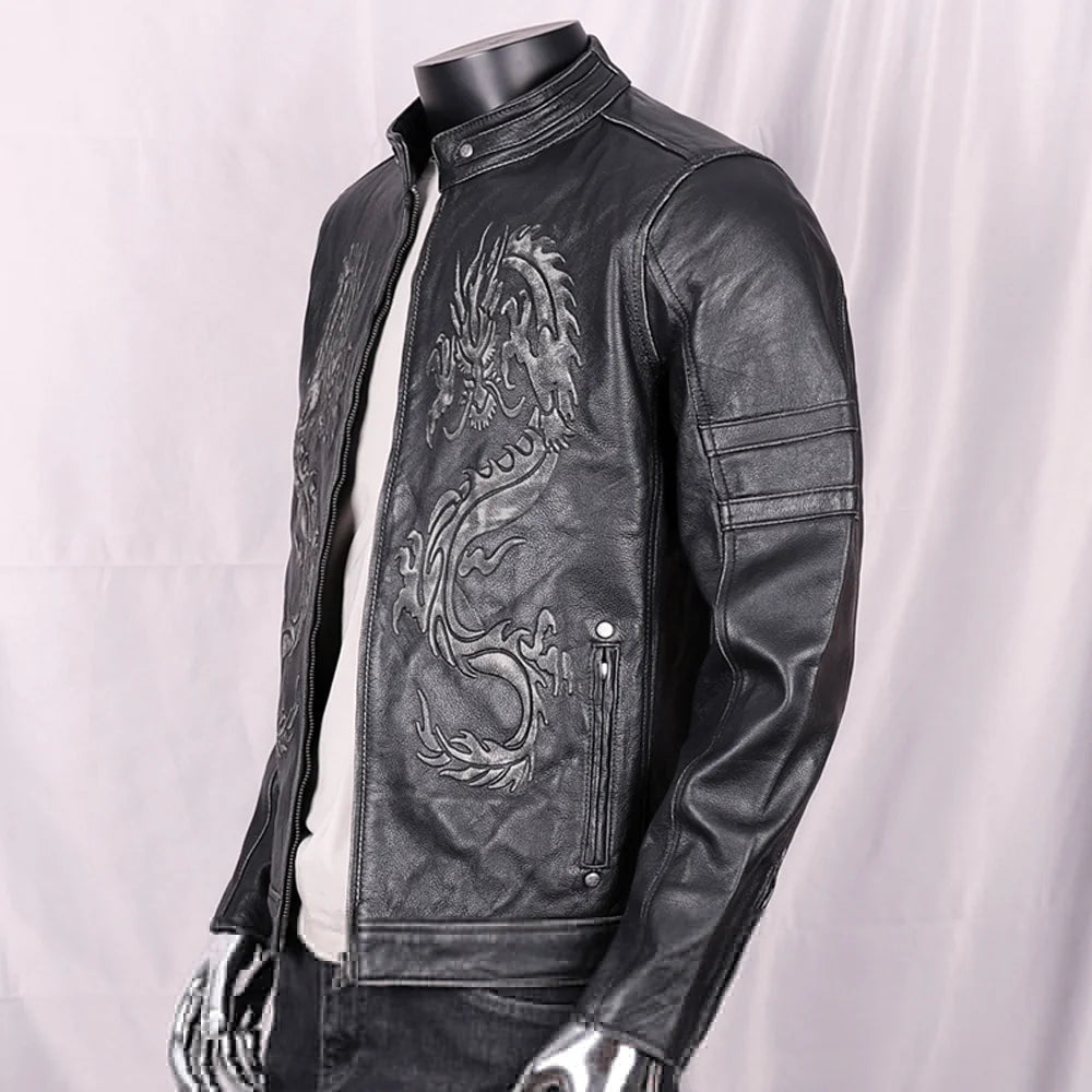 Mens Chinese Cow Brand Leather Skull Jackets Imported Genuine Leather Cowhide Embroidery Dragon Coat For Man Winter Overcoat