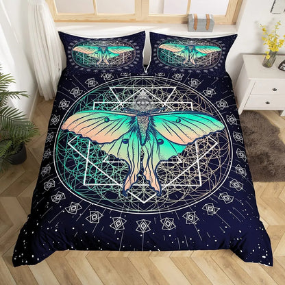 Death Moth Duvet Cover Set King Queen Full Twin Size Galaxy Sun and Moon Polyester Comforter Cover Boho Gothic Skull Bedding Set