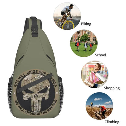 Vintage Skeleton Punishers Skull Crossbody Sling Backpack Men Custom Chest Shoulder Bag for Cycling Camping Daypack