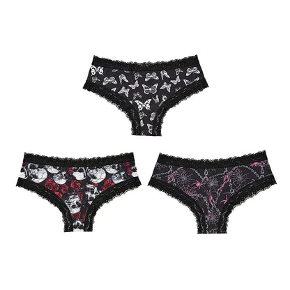 3pcs Halloween Underwear Women's Lace Edge Dark Gothic Style Skull Personalized Comfortable Breathable Triangle Pants