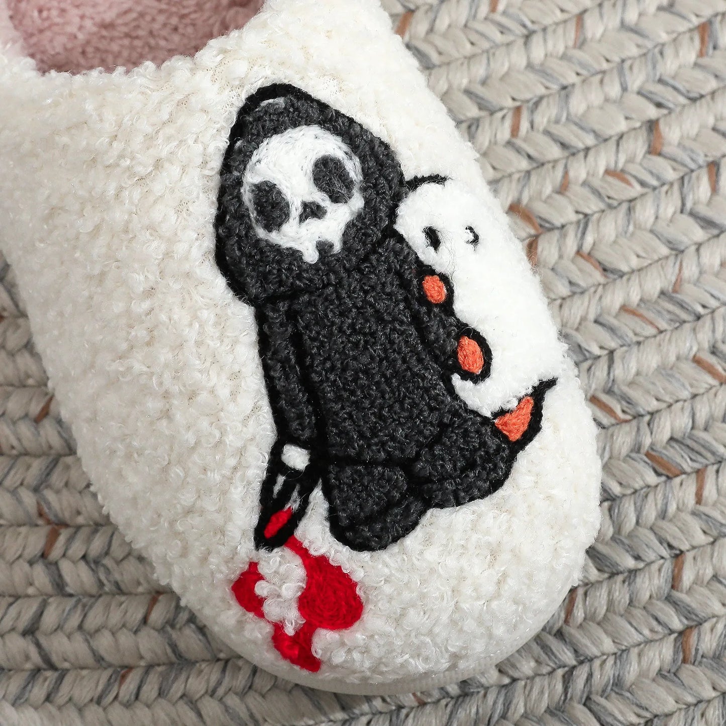 Halloween Skull Embroidery Cotton Slippers Home Flat Indoor Ghost Non-slip Women Men Thickened Slippers Goat Halloween Gift