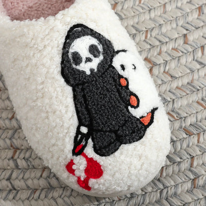 Halloween Skull Embroidery Cotton Slippers Home Flat Indoor Ghost Non-slip Women Men Thickened Slippers Goat Halloween Gift