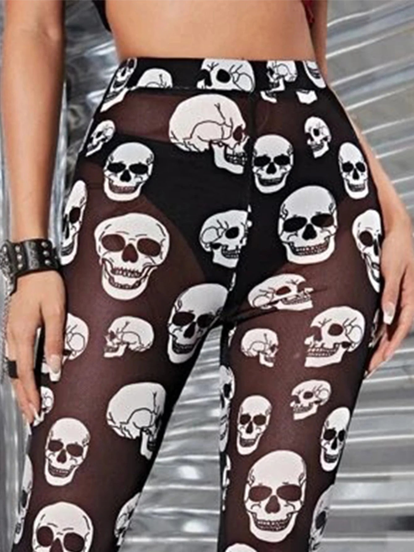 Summer Thin Mesh Breathable Nine Point Pants With Elastic Skull Leggings Fashion Skull Printed Mesh Nine Point Pants Women