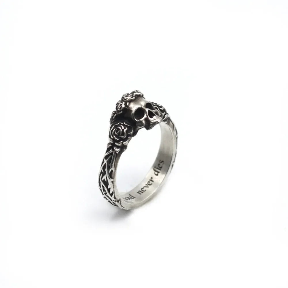 Simple Retro Fashion Gothic Punk Black Rose Skull Ring Street Niche Creative Trend Women Couple Popular Ring Accessories