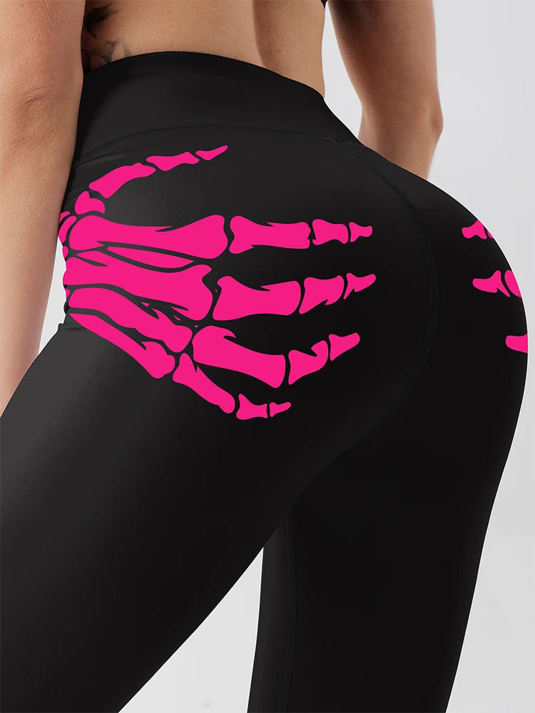 Offset printed claw skull printed women's yoga leggings, high waisted fitness running sports stretch pants