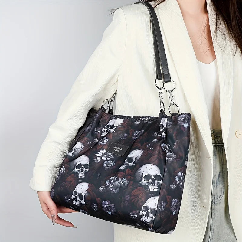 Gothic Skull Pattern Tote Bag, Large Capacity Shoulder Bag, Women's Fashion Handbag for Commute Work