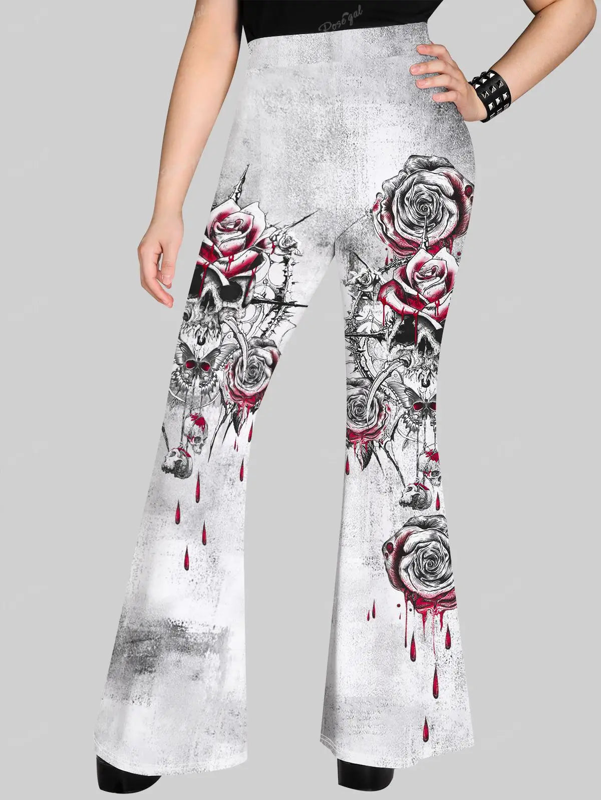 ROSEGAL Plus Size Gothic Printed Flare Pants For Women, 3D Graphic Full Trousers, Spring Summer Casual Elastic Waist Loose Pant