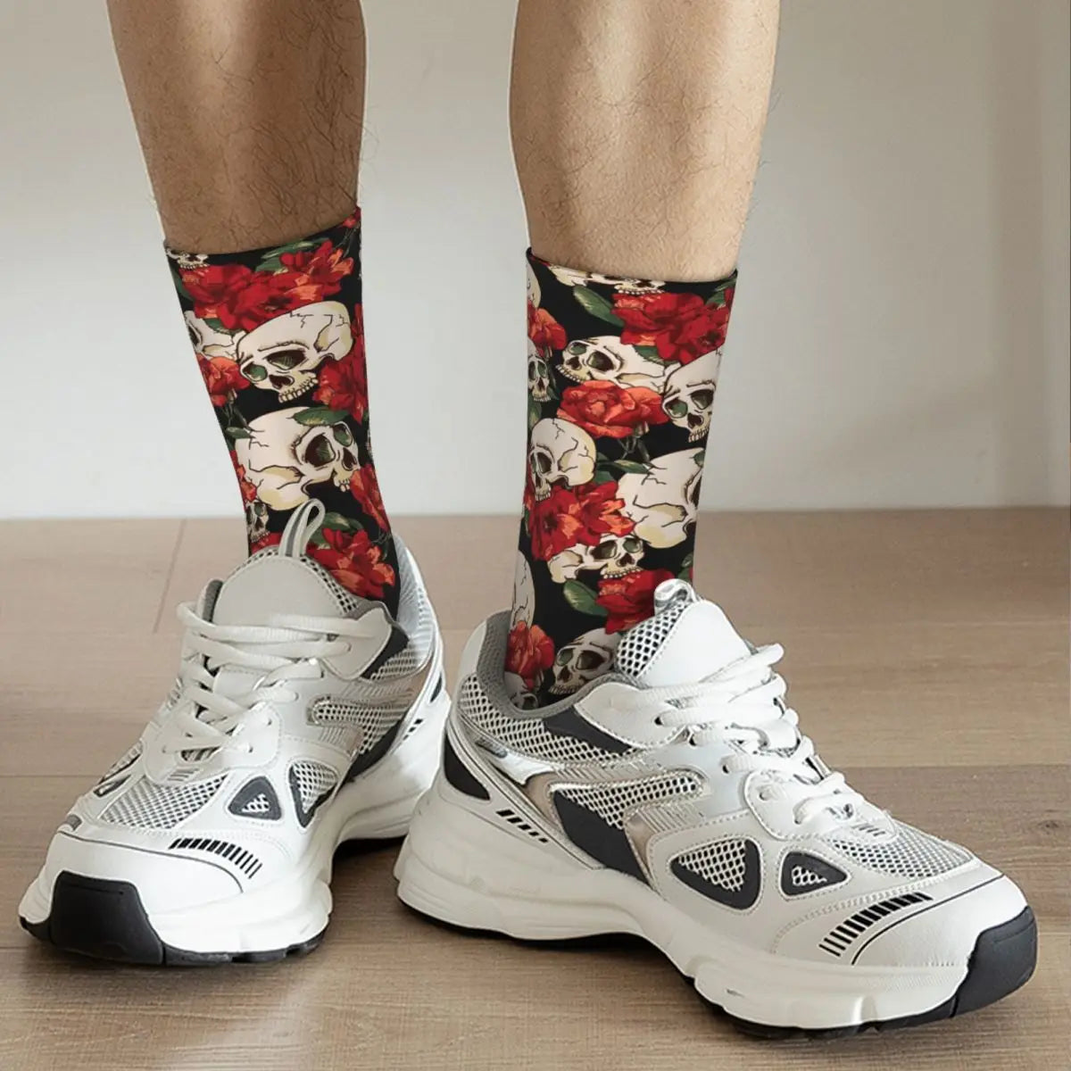 Hip Hop Retro Skull And Flowers Crazy Men's Socks Unisex Street Style Seamless Printed Novelty Crew Sock Boys Gift