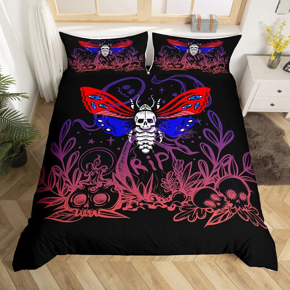 Death Moth Duvet Cover Set King Queen Full Twin Size Galaxy Sun and Moon Polyester Comforter Cover Boho Gothic Skull Bedding Set