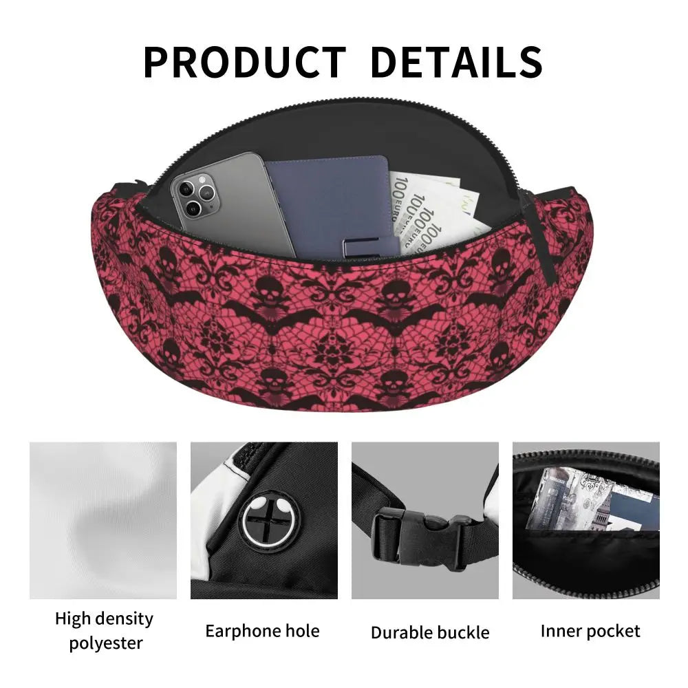 Gothic Skull Flower Fanny Pack Women Men Custom Goth Halloween Crossbody Waist Bag for Cycling Camping Phone Money Pouch