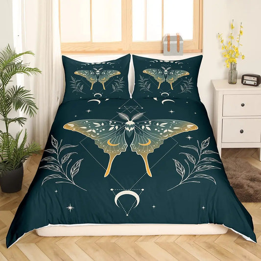 Death Moth Duvet Cover Set King Queen Full Twin Size Galaxy Sun and Moon Polyester Comforter Cover Boho Gothic Skull Bedding Set