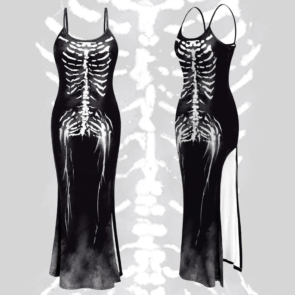 Punk Camisole Dress Halloween Long Dress Gothic Skeleton Pattern Cosplay Costume Party Dress Sexy Outfit Festival Clothing