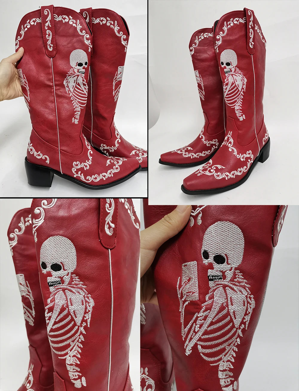 Women Skull Skeleton Selfie Cowboy Western Mid Calf Boots Pointed Toe Slip-On Stacked Heel Goth Punk Autumn Shoes Brand Designer