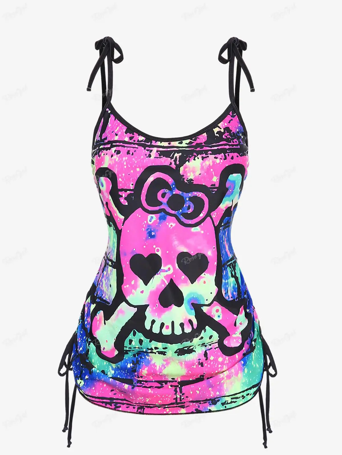 ROSEGAL Plus Size Women's Swimsuit Bowknot Skulls Skeleton Galaxy Tie Dye Print Cinched Cami Top And Skirt 3Pcs Tankini Set 4XL