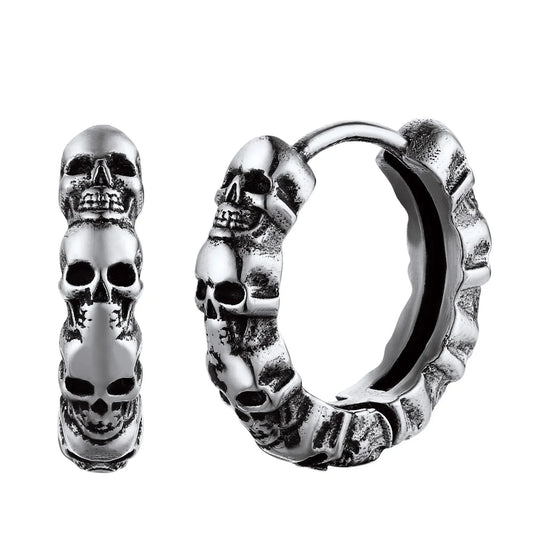 U7 Skulls Hoop Earrings for Man Black Gold Color Stainless Steel Skeleton Gothic Jewelry