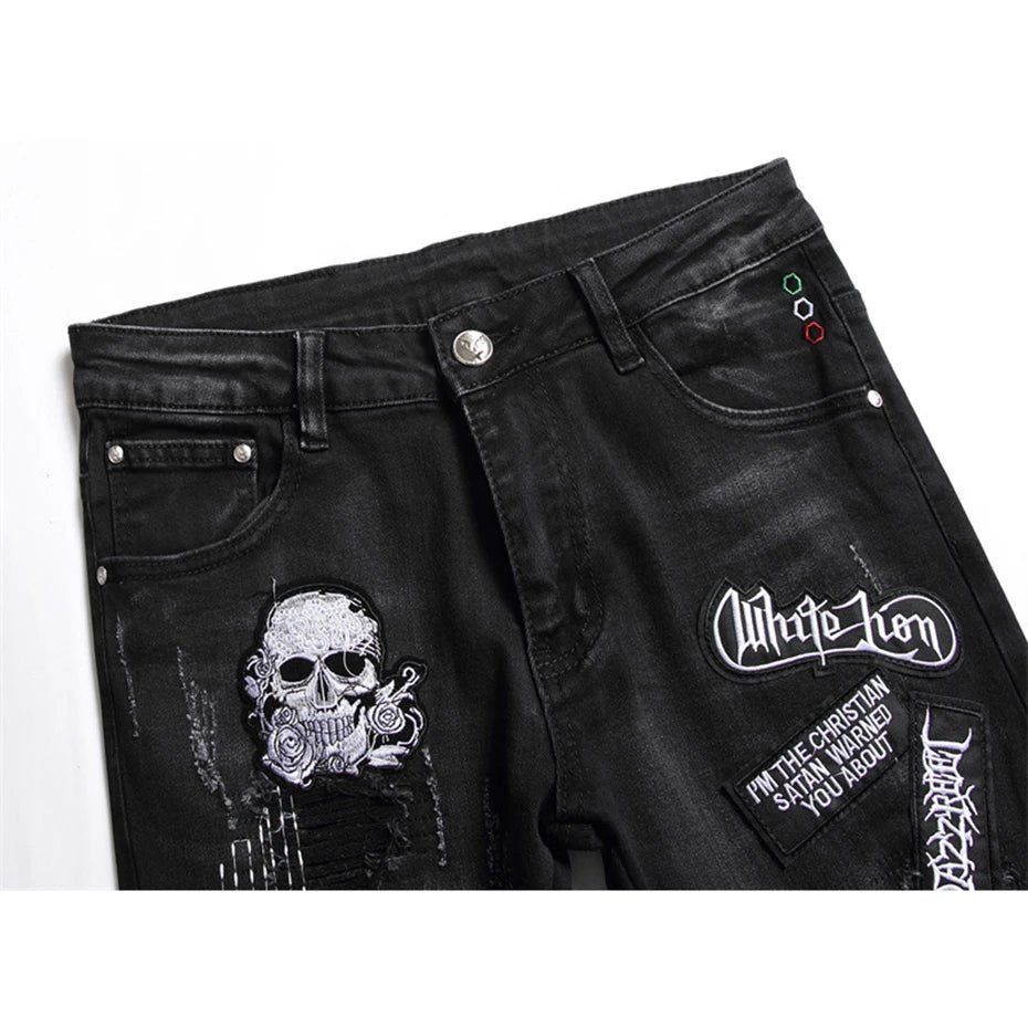 Punk Skull Streetwear Jeans Men Broken Hole Embroidery Letter Ripped Harajuku Hip Hop Denim Pants Fashion Slim Jeans for  Male