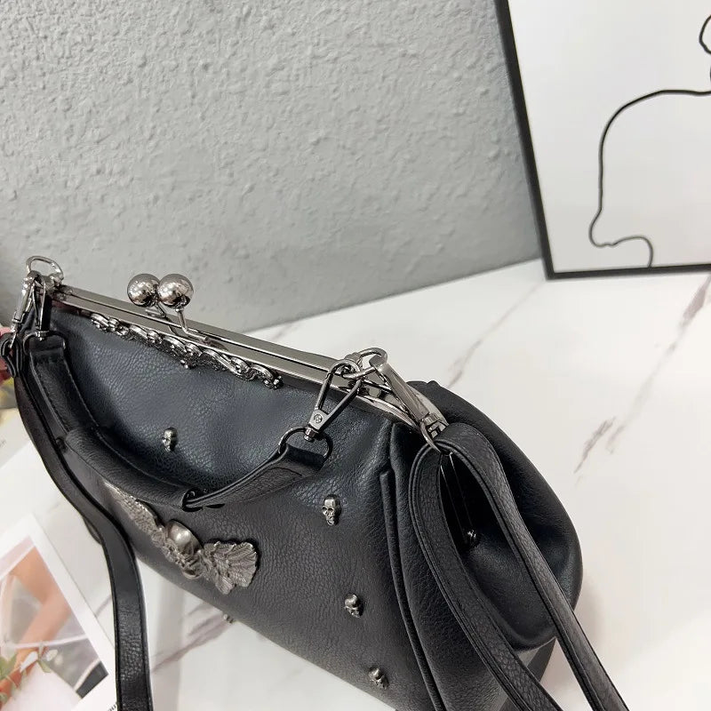 Jierotyx Punk Style Purses and Handbag for Women Gothic Skull Head Crossbody Bags Trendy Cool Clip Purse Vintage Rivet