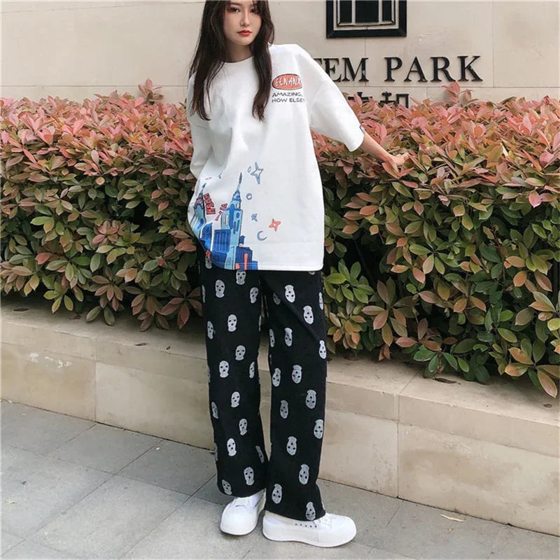 Sweatpants Women Harajuku Pink Corduroy Wide Leg Pants Korean High Waist Skull Fashion Trousers plus size clothes Capris