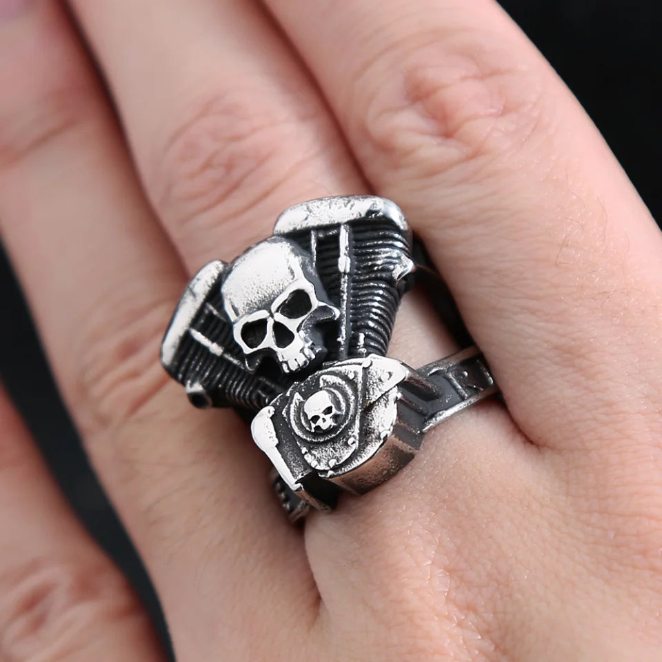 Fashion Vintage Steampunk Motorcycle Engine Skull Rings For Men 316L Stainless Steel Biker Hip Hop Jewelry Gifts Dropshipping