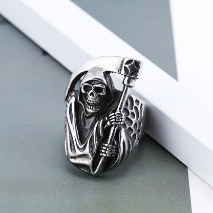 Creative Exquisite Titanium Steel Carved Scythe Skull Men's Ring Festival Party Birthday Gift Jewelry