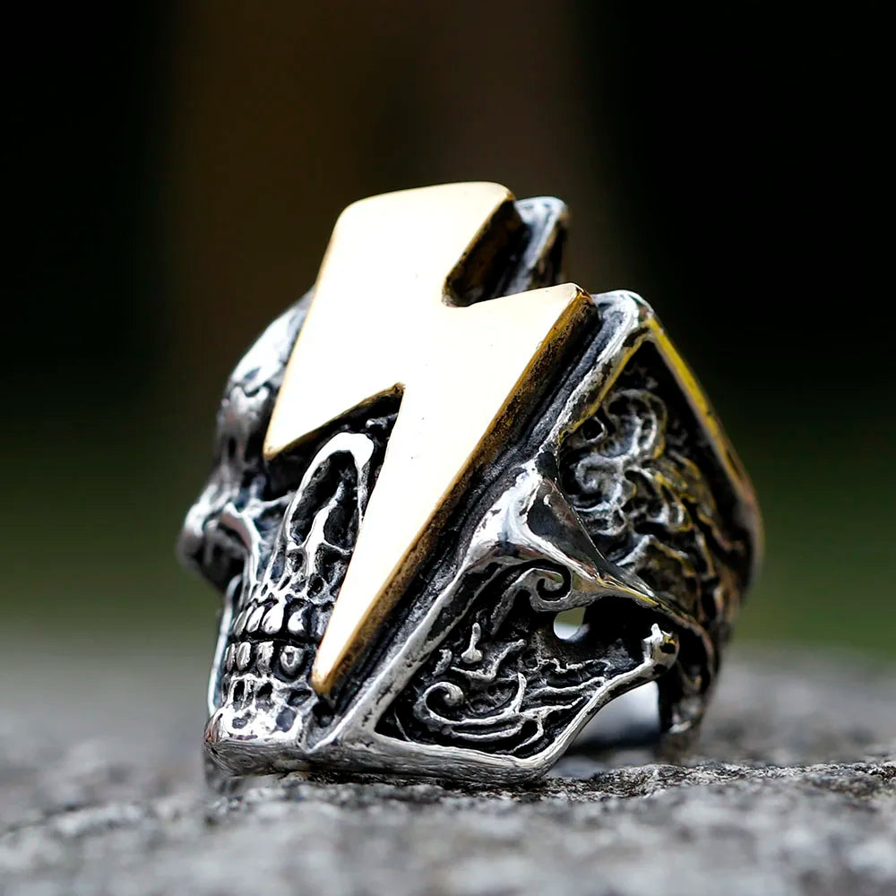 New Stainless Steel Lightning Skull Ring For Men Punk Rock Gothic Punk Metal Rock Biker Jewelry Accessories Wholesale