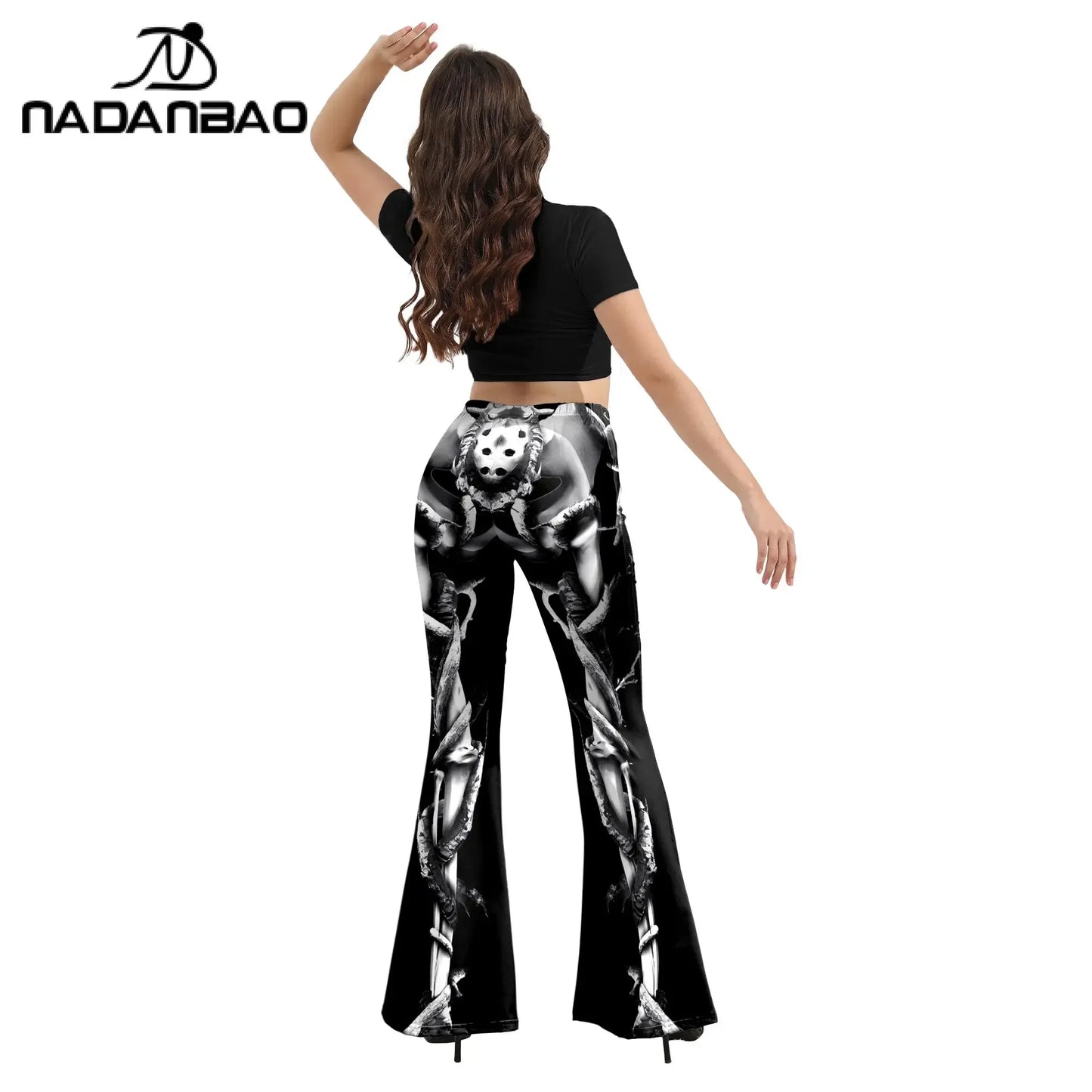 Nadanbao Women's Flared Pants High Waist Black Skull Print Flare Leggings Bodycon Trousers Club Pants Slim Trousers Streetwear