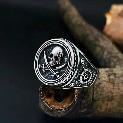 Personalized Punk Double Knife Skull Pirate Ring Men's Glamour Creative Hip Hop Rock Party Ring Stainless Steel Accessories