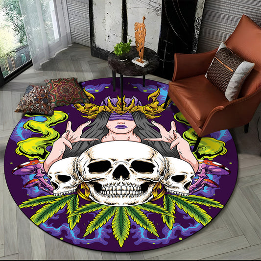 3D Smoke Maple Weed Plants Green Death Skull Round Carpet Rug for Living Room Bedroom Kids Decor,Pet Area Rug Non-slip Floor Mat